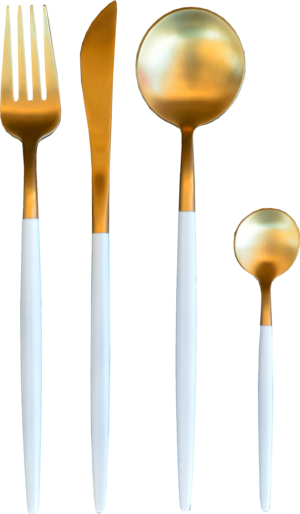 Cubertería Deluxe Blanco Oro EME Mobiliario, fabricada en acero inoxidable 18/10 con mango en color blanco, para eventos y hostelería