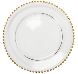 Bajoplato para hostelería y eventos con decoración en el borde perlas oro.