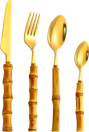 Alt Cubertería Mango Bambú Dorado, fabricada en acero inoxidable 18% y bambú natural, para eventos y hostelería.