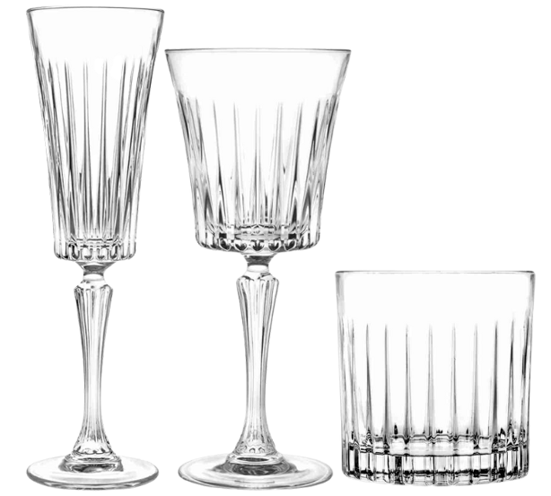 Colección de cristalería labrada Timeless para eventos y hostelería.