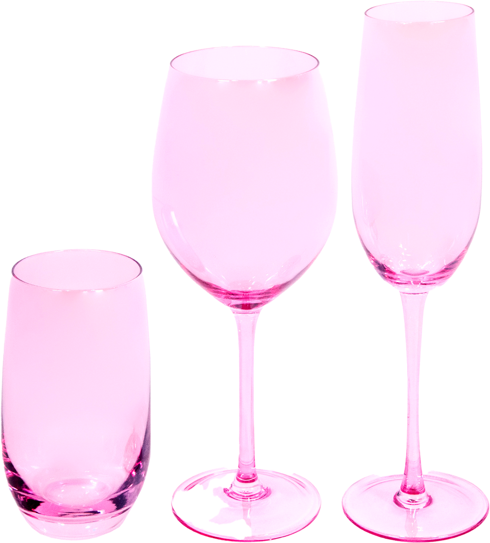Alt Juego de cristalería en color rosa, compuesta por vaso, copa de vino y copa de champagne para eventos y hostelería.
