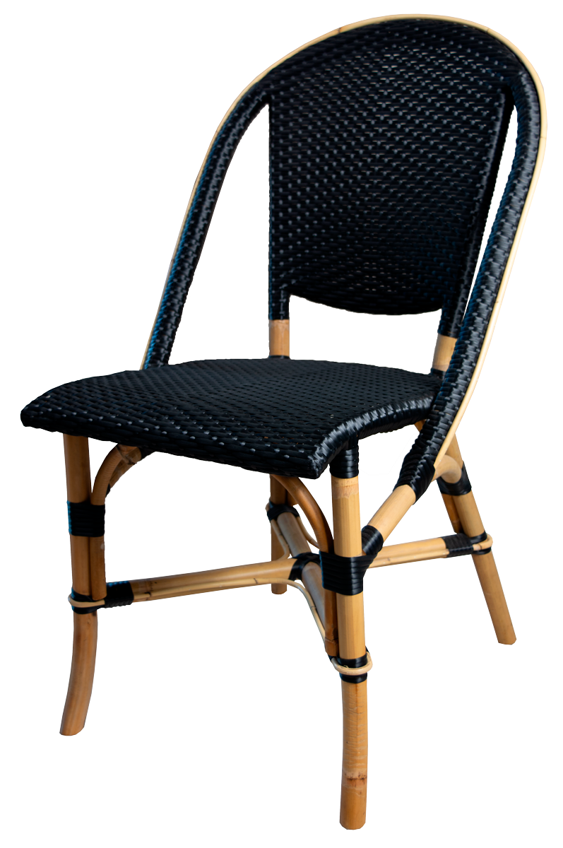 Silla Bistro Negra fabricada en ratán sintético, para eventos y hostelería